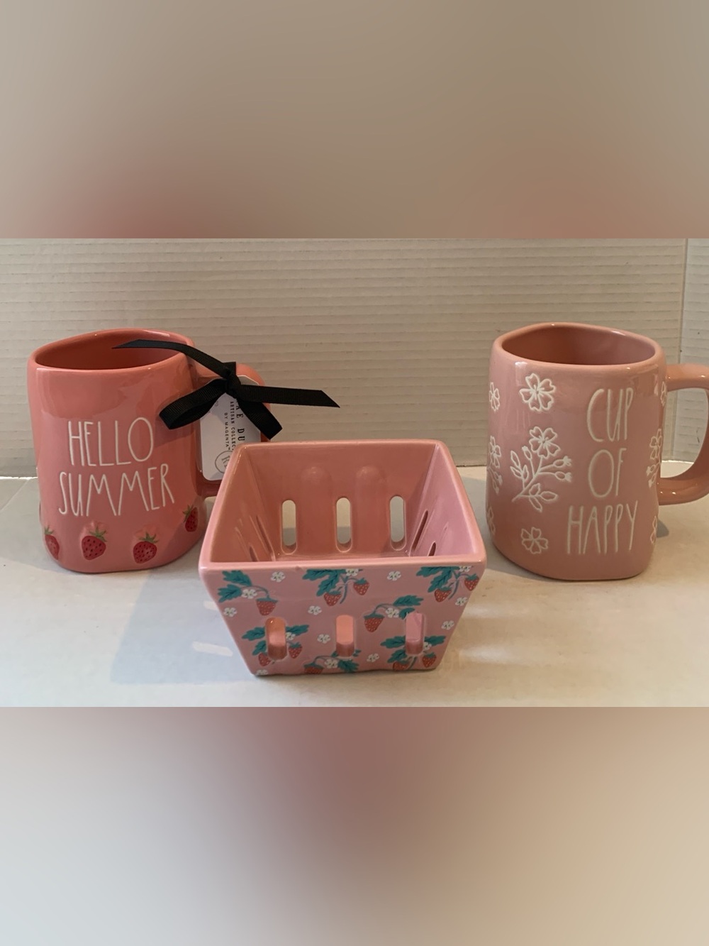 Rae Dunn "Hello Summer" Mug “Cup of Happy" Mug Strawberry Berry Dish Pink Set